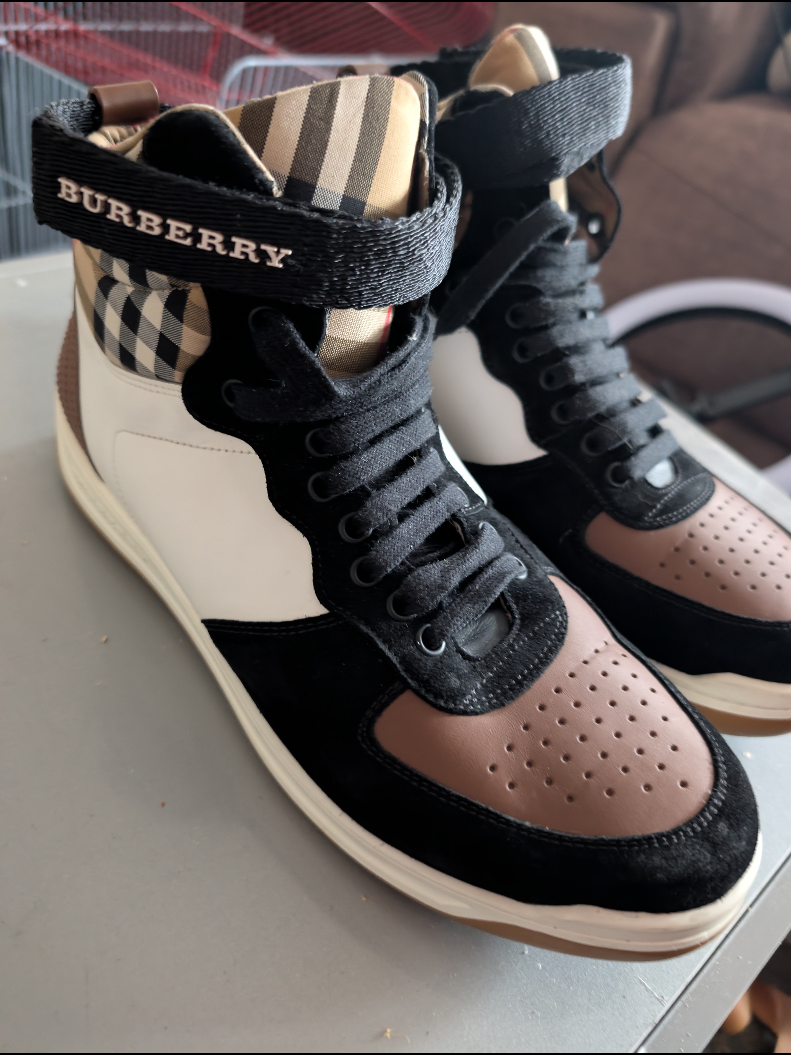 Burberry High-Top Sneakers In Black, White & Brown